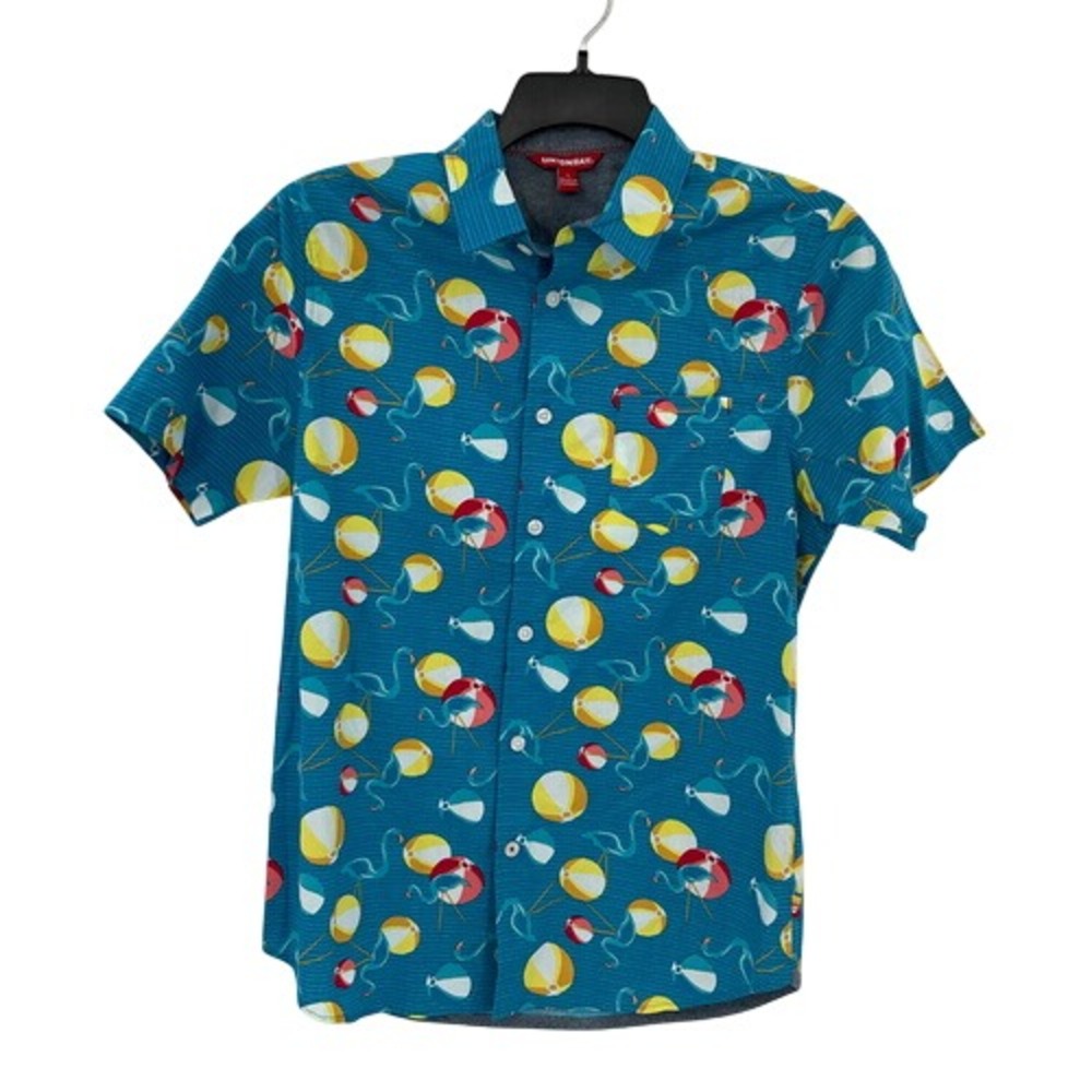 Unionbay Mens Small Teal Blue Beach Ball Flamingo Short Sleeve Button Up Shirt‎